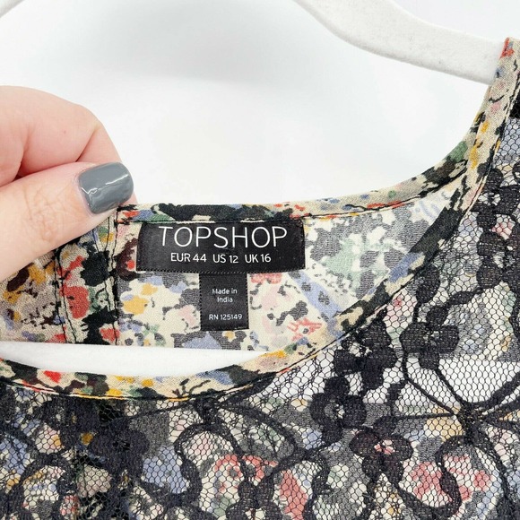 Topshop Lace Floral Paisley Blouse Top Sz 12 Multicolor Crewneck Long Sleeve - Picture 7 of 7